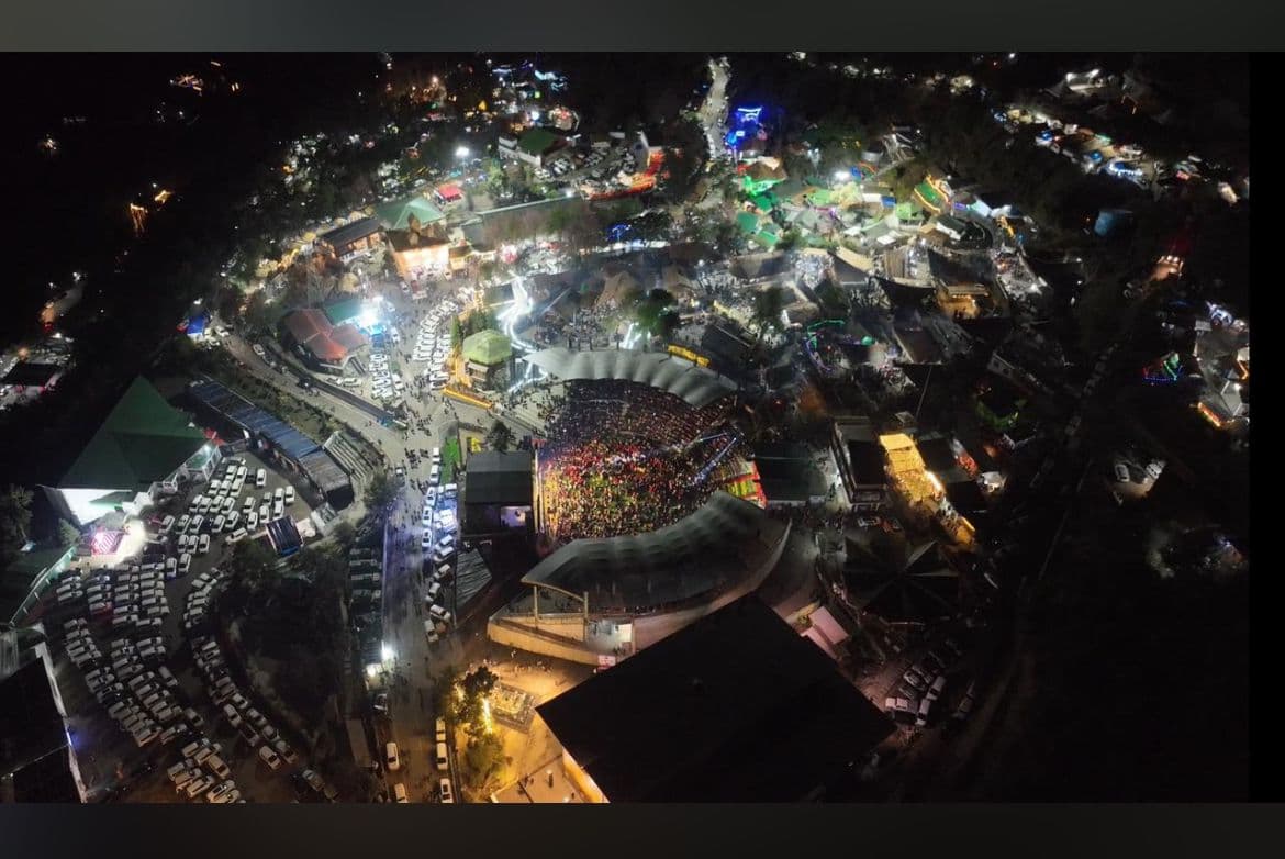 Aerial view of the illuminated festival grounds at Kisama at night